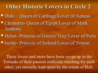 Other Historic Lovers in Circle 2
Other Historic Lovers in Circle 2

Dido – Queen of Carthage/Lover of Aeneas
Dido – Queen of Carthage/Lover of Aeneas

Cleopatra- Queen of Egypt/Lover of Mark
Cleopatra- Queen of Egypt/Lover of Mark
Anthony
Anthony

Helen- Princess of Greece/Troy/Lover of Paris
Helen- Princess of Greece/Troy/Lover of Paris
 Isolde- Princess of Ireland/Lover of Tristan
Isolde- Princess of Ireland/Lover of Tristan
These lovers and more have been swept up in the
Tornado of their passion endlessly reaching for each
other, yet eternally kept apart by the winds of Hell.
 