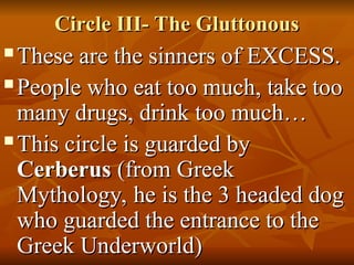 Circle III- The Gluttonous
Circle III- The Gluttonous
 These are the sinners of EXCESS.
These are the sinners of EXCESS.
 People who eat too much, take too
People who eat too much, take too
many drugs, drink too much…
many drugs, drink too much…
 This circle is guarded by
This circle is guarded by
Cerberus
Cerberus (from Greek
(from Greek
Mythology, he is the 3 headed dog
Mythology, he is the 3 headed dog
who guarded the entrance to the
who guarded the entrance to the
Greek Underworld)
Greek Underworld)
 