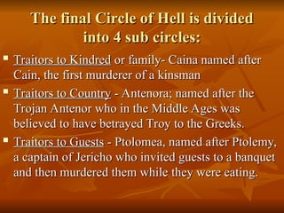 The final Circle of Hell is divided
The final Circle of Hell is divided
into 4 sub circles:
into 4 sub circles:
 Traitors to Kindred
Traitors to Kindred or family- Caina named after
or family- Caina named after
Cain, the first murderer of a kinsman
Cain, the first murderer of a kinsman
 Traitors to Country
Traitors to Country - Antenora; named after the
- Antenora; named after the
Trojan Antenor who in the Middle Ages was
Trojan Antenor who in the Middle Ages was
believed to have betrayed Troy to the Greeks.
believed to have betrayed Troy to the Greeks.

Traitors to Guests
Traitors to Guests - Ptolomea, named after Ptolemy,
- Ptolomea, named after Ptolemy,
a captain of Jericho who invited guests to a banquet
a captain of Jericho who invited guests to a banquet
and then murdered them while they were eating.
and then murdered them while they were eating.
 