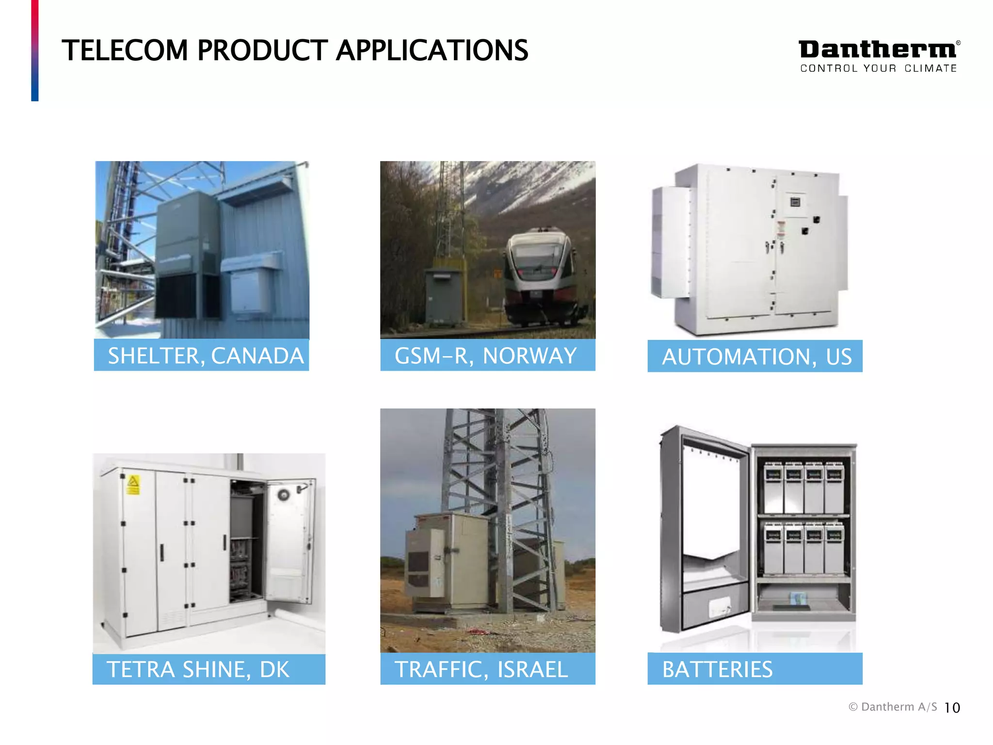 TELECOM PRODUCT APPLICATIONS

SHELTER, CANADA

GSM-R, NORWAY

AUTOMATION, US

TETRA SHINE, DK

TRAFFIC, ISRAEL

BATTERIES
© Dantherm A/S

10

 