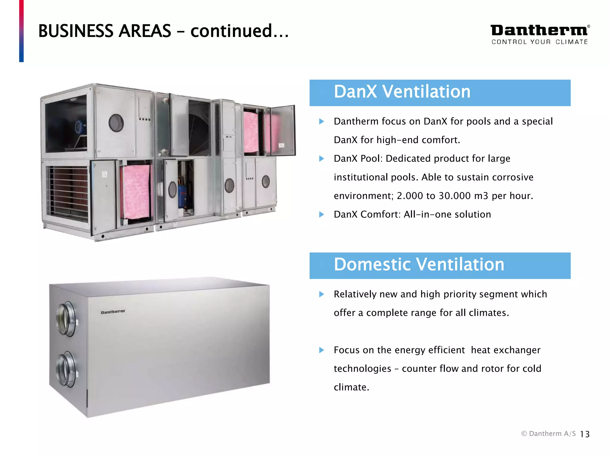BUSINESS AREAS – continued…
DanX Ventilation
Dantherm focus on DanX for pools and a special
DanX for high-end comfort.
DanX Pool: Dedicated product for large
institutional pools. Able to sustain corrosive
environment; 2.000 to 30.000 m3 per hour.
DanX Comfort: All-in-one solution

Domestic Ventilation
Relatively new and high priority segment which
offer a complete range for all climates.

Focus on the energy efficient heat exchanger
technologies – counter flow and rotor for cold

climate.

© Dantherm A/S

13

 
