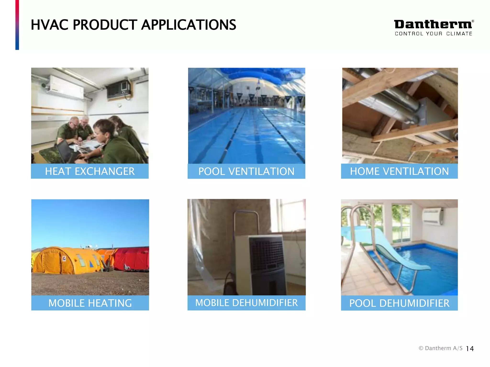 HVAC PRODUCT APPLICATIONS

HEAT EXCHANGER

POOL VENTILATION

HOME VENTILATION

MOBILE HEATING

MOBILE DEHUMIDIFIER

POOL DEHUMIDIFIER

© Dantherm A/S

14

 