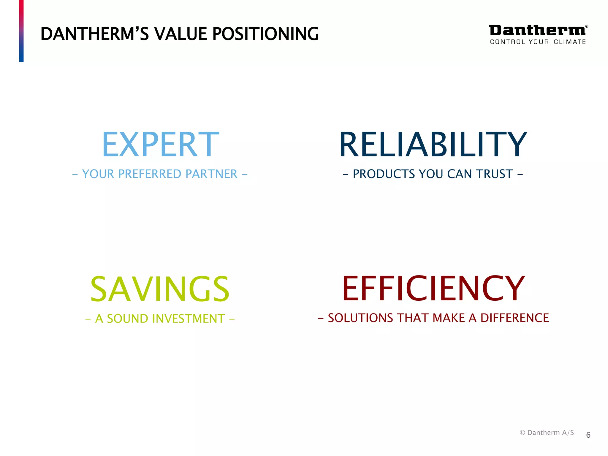 DANTHERM’S VALUE POSITIONING

EXPERT

RELIABILITY

- YOUR PREFERRED PARTNER -

- PRODUCTS YOU CAN TRUST -

SAVINGS

EFFICIENCY

- A SOUND INVESTMENT -

- SOLUTIONS THAT MAKE A DIFFERENCE

© Dantherm A/S

6

 