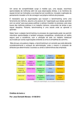 Um senso de competitividade surge à medida que, uma equipe, reconhece
oportunidades de melhorias além de suas observações diretas, e os membros da
equipe tornam-se motivados a se empenhar por excelência, inovação e aplicação de
pensamento inovador a fim de conseguir sua própria melhoria de processo.
É necessário que as organizações que buscam o benchmarking como uma
ferramenta de melhoria, assuma uma postura de "organização que deseja aprender
com os outros" para que possa justificar o esforço investido no processo, pois essa
busca das melhores práticas é um trabalho intensivo, consumidor de tempo e que
requer disciplina. Portanto, benchmarking é uma escola onde se aprende à
aprender.
Saber fazer e adaptar benchmarking no processo da organização pode nos permitir
vislumbrar oportunidades e também ameaças competitivas, constituindo um atalho
seguro para a excelência, com a utilização de todo um trabalho intelectual
acumulado por outras organizações evitando os erros é armadilhas do caminho.
Mais do que uma palavra mágica, o benchmarking é um conceito que está alterando
consideravelmente o enfoque da administração, onde o mesmo é composto de
atributos que determinarão o sucesso ou ainda a sobrevivência das empresas.
Créditos do texto a:
Por: Jose Donizetti Moraes - 01/06/2013
 