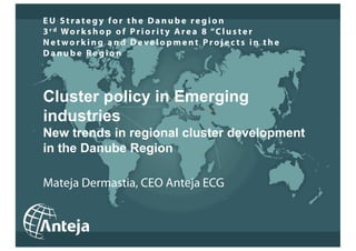 Mateja Dermastia, CEO Anteja ECG
EU Strateg y fo r the Danu be region
3r d Works hop of Priori t y Area 8 “Cl uster
Net work ing and D evelo pment Projec ts in the
Danube R egion  
 