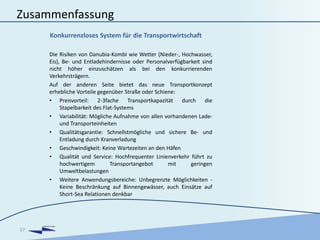 DANUBIA KOMBI
Zusammenfassung
Die Risiken von Danubia-Kombi wie Wetter (Nieder-, Hochwasser,
Eis), Be- und Entladehindernisse oder Personalverfügbarkeit sind
nicht höher einzuschätzen als bei den konkurrierenden
Verkehrsträgern.
Auf der anderen Seite bietet das neue Transportkonzept
erhebliche Vorteile gegenüber Straße oder Schiene:
• Preisvorteil: 2-3fache Transportkapazität durch die
Stapelbarkeit des Flat-Systems
• Variabilität: Mögliche Aufnahme von allen vorhandenen Lade-
und Transporteinheiten
• Qualitätsgarantie: Schnellstmögliche und sichere Be- und
Entladung durch Kranverladung
• Geschwindigkeit: Keine Wartezeiten an den Häfen
• Qualität und Service: Hochfrequenter Linienverkehr führt zu
hochwertigem Transportangebot mit geringen
Umweltbelastungen
• Weitere Anwendungsbereiche: Unbegrenzte Möglichkeiten -
Keine Beschränkung auf Binnengewässer, auch Einsätze auf
Short-Sea Relationen denkbar
17
Konkurrenzloses System für die Transportwirtschaft
 