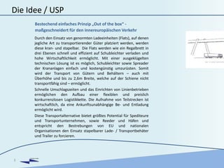 DANUBIA KOMBI
Die Idee / USP
Durch den Einsatz von genormten Ladeeinheiten (Flats), auf denen
jegliche Art zu transportierender Güter platziert werden, werden
diese kran- und stapelbar. Die Flats werden wie ein Regalbrett in
drei Ebenen schnell und effizient auf Schubleichter verladen und
hohe Wirtschaftlichkeit ermöglicht. Mit einer ausgeklügelten
technischen Lösung ist es möglich, Schubleichter sowie Spreader
der Krananlagen einfach und kostengünstig umzurüsten. Somit
wird der Transport von Gütern und Behältern – auch mit
Überhöhe und bis zu 2,6m Breite, welche auf der Schiene nicht
transportfähig sind – ermöglicht.
Schnelle Umschlagszeiten und das Einrichten von Linienbetrieben
ermöglichen den Aufbau einer flexiblen und preislich
konkurrenzlosen Logistikkette. Die Aufnahme von Teilstrecken ist
wirtschaftlich, da eine Ankunftsunabhängige Be- und Entladung
ermöglicht wird.
Diese Transportalternative bietet größtes Potential für Spediteure
und Transportunternehmen, sowie Reeder und Häfen und
entspricht den Bestrebungen von EU und nationalen
Organisationen den Einsatz stapelbarer Lade- / Transportbehäter
und Trailer zu forcieren.
3
Bestechend einfaches Prinzip „Out of the box“ -
maßgeschneidert für den innereuropäischen Verkehr
 