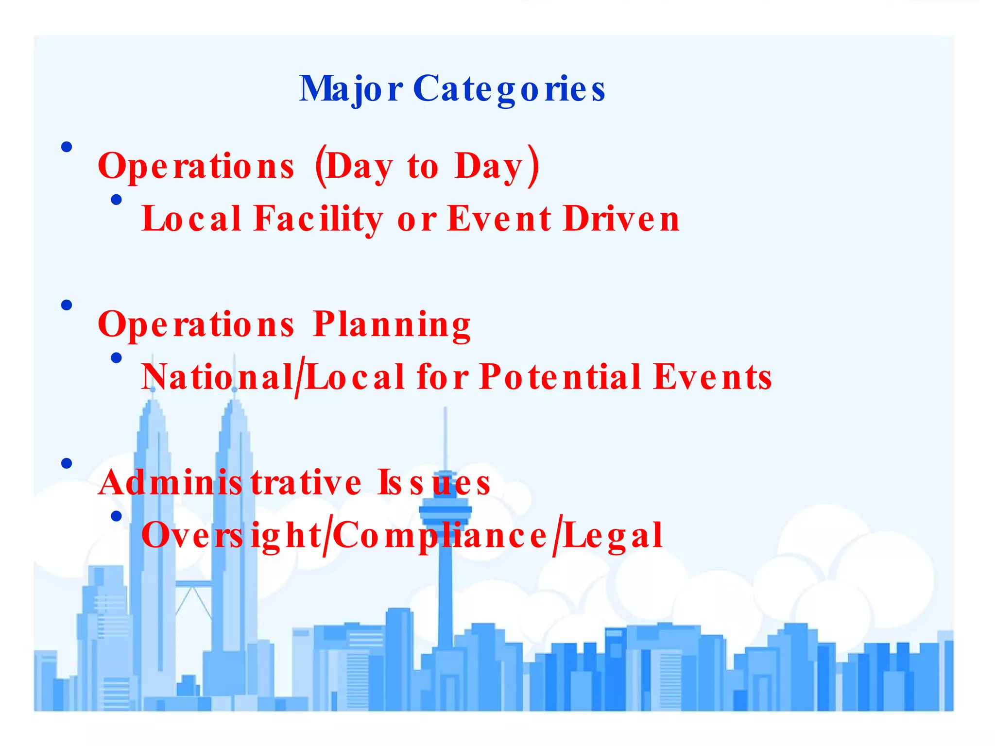 Major Categories Operations (Day to Day) Local Facility or Event Driven Operations Planning National/Local for Potential Events Administrative Issues Oversight/Compliance/Legal 