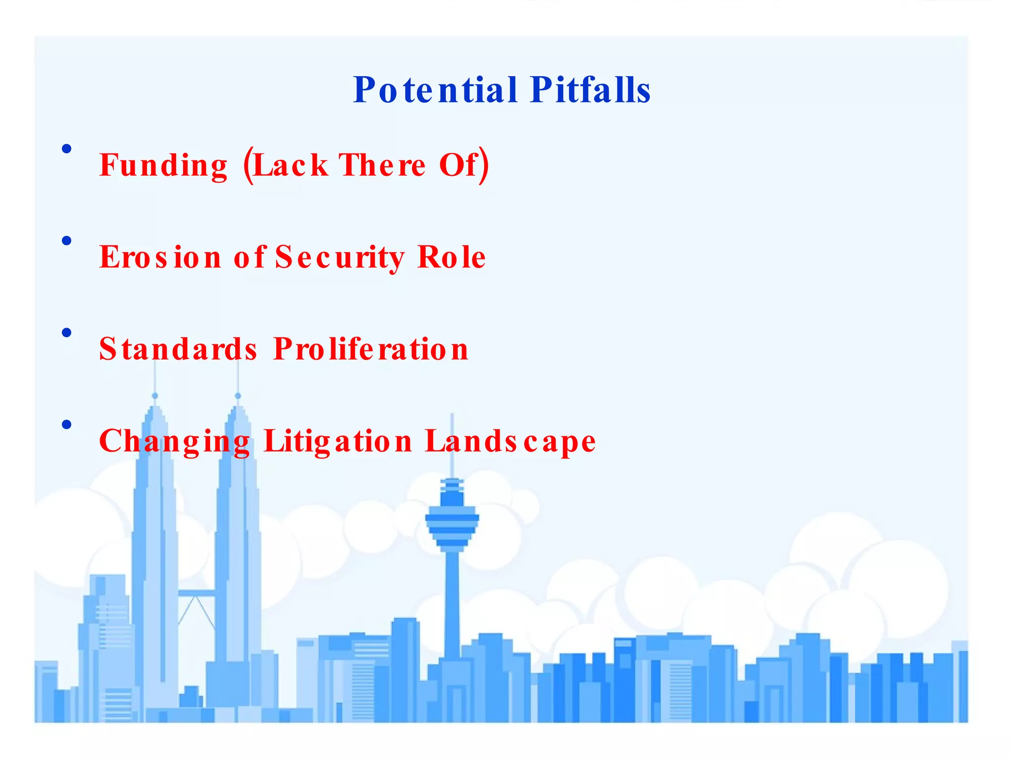 Potential Pitfalls Funding (Lack There Of) Erosion of Security Role Standards Proliferation Changing Litigation Landscape 
