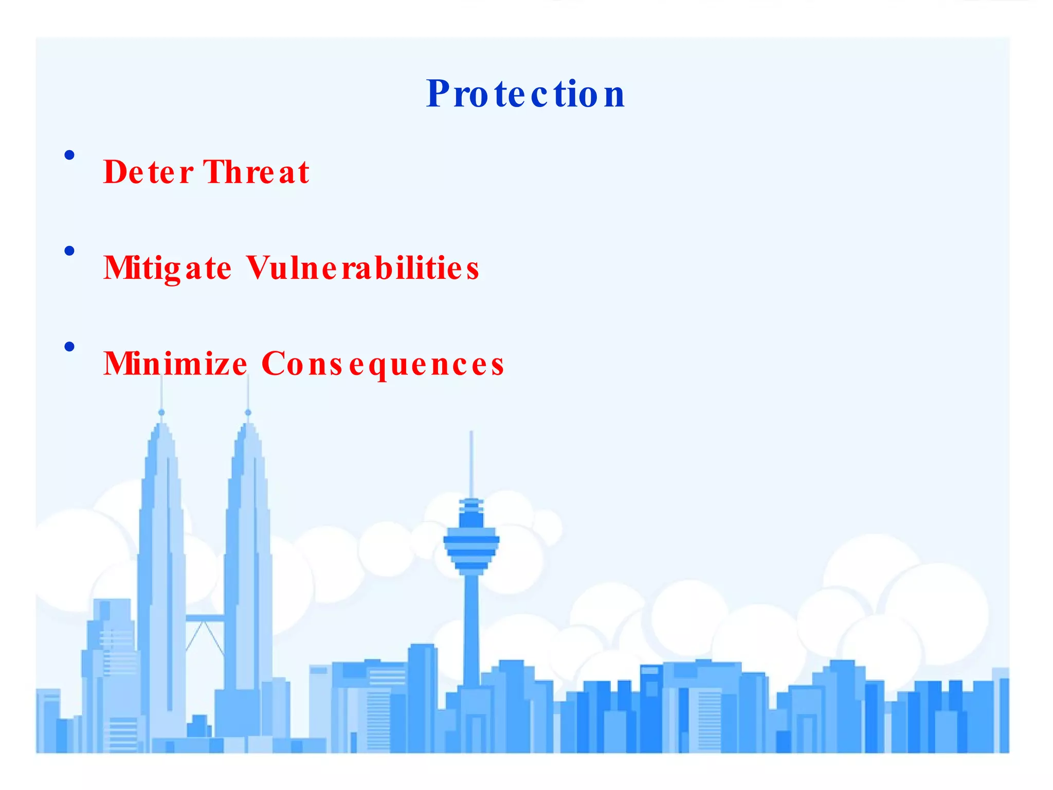 Protection Deter Threat Mitigate Vulnerabilities Minimize Consequences 
