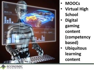 • MOOCs
• Virtual High
School
• Digital
gaming
content
(competency
based)
• Ubiquitous
learning
content
 