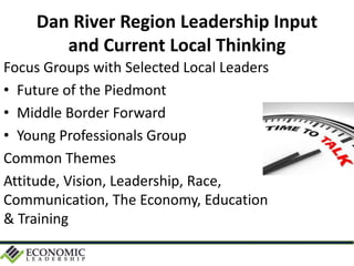 Dan River Region Leadership Input
and Current Local Thinking
Focus Groups with Selected Local Leaders
• Future of the Piedmont
• Middle Border Forward
• Young Professionals Group
Common Themes
Attitude, Vision, Leadership, Race,
Communication, The Economy, Education
& Training
 