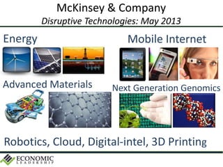 McKinsey & Company
Disruptive Technologies: May 2013
Energy Mobile Internet
Advanced Materials Next Generation Genomics
Robotics, Cloud, Digital-intel, 3D Printing
 