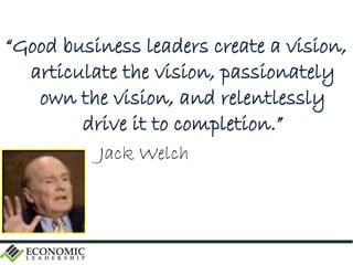 “Good business leaders create a vision,
articulate the vision, passionately
own the vision, and relentlessly
drive it to completion.”
Jack Welch
 