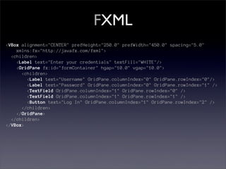 FXML
<VBox alignment="CENTER" prefHeight="250.0" prefWidth="450.0" spacing="5.0"
    xmlns:fx="http://javafx.com/fxml">
  <children>
    <Label text="Enter your credentials" textFill="WHITE"/>
    <GridPane fx:id="formContainer" hgap="10.0" vgap="10.0">
      <children>
        <Label text="Username" GridPane.columnIndex="0" GridPane.rowIndex="0"/>
        <Label text="Password" GridPane.columnIndex="0" GridPane.rowIndex="1" />
        <TextField GridPane.columnIndex="1" GridPane.rowIndex="0" />
        <TextField GridPane.columnIndex="1" GridPane.rowIndex="1" />
        <Button text="Log In" GridPane.columnIndex="1" GridPane.rowIndex="2" />
      </children>
    </GridPane>
  </children>
</VBox>
 