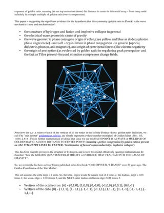 exponent of golden ratio, meaning (as our top animation shows) the distance to center in this nodal array - from every node
infinitely is a simple multiple of golden ratio (wave compression).
This paper is suggesting the significant evidence for the hypothesis that this symmetry (golden ratio to Planck) is the wave
mechanics (cause and mechanism) of
• the structure of hydrogen and fusion and implosive collapse in general
• the electrical wave geometric cause of gravity
• the wave geometric phase conjugate origin of color, (see yellow and blue as dodeca photon
phase angles here) - and self - organization in phase conjugation - in general (optical,
dielectric, phonon, and magnetic), and origin of centripetal forces (like electro negativity
• the origin of perception (as evidenced by golden ratio in eeg during peak perception- and
the fact as Tiller proved- focused attention compresses charge fields.
Note how the x, y, z values of each of the vertices of all the nodes in the Infinite Dodeca-/Icosa- golden ratio Stellation, we
call The ”star mother" goldenmean.info/kit, are simple exponents (whole number multiples) of Golden Mean .618 , 1.0,
1.618, 2.618 . This is further mathematical evidence that since we see this EACH POINT IS ALWAYS A MULTIPLE OF
GOLDEN RATIO, ALSO IN DISTANCE TO CENTER POINT! (meaning - perfect compression by golden ratio is present
on ALL SYMMETRY LINES TO CENTER- 'Mathematics of fusion/ superconductivity / implosive collapse')
This has been recently proven in the structure of hydrogen, and is how this model effectively (quoting mathematician El
Naschie) “how the GOLDEN QUANTUM FIELD THEORY is EVIDENCE THAT FRACTALITY IS THE CAUSE OF
GRAVITY”.
So, we reprint the list here as Dan Winter published in his first book “ONE CRYSTAL’S DANCE” over 30 years ago. The
Golden Coordinates of the Star Mother:
This set assumes the cube edge = 2 units. So, the tetra- edges would be square root of 2 times 2, the dodeca- edge = .618
times 2, the icosa- edge = 1.618 times 2, and the NEXT outer dodeca stellation edge 2.618 times 2.
• Vertices of the octahedron: (6) – (0,1,0), (1,0,0), (0,-1,0), (-1,0,0), (0,0,1), (0,0,-1)
• Vertices of the cube (8) – (1,1,1), (1,-1,1), (-1,-1,1), (-1,1,1), (1,1,-1), (1,-1,-1), (-1,-1,-1), (-
1,1,-1)
 
