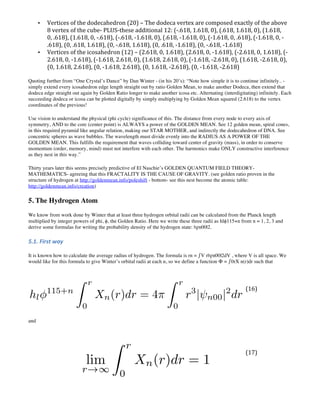 • Vertices of the dodecahedron (20) – The dodeca vertex are composed exactly of the above
8 vertex of the cube- PLUS-these additional 12: (-.618, 1.618, 0), (.618, 1.618, 0), (1.618,
0, .618), (1.618, 0, -.618), (-.618, -1.618, 0), (.618, -1.618, 0), (-1.618, 0, .618), (-1.618, 0, -
.618), (0, .618, 1.618), (0, -.618, 1.618), (0, .618, -1.618), (0, -.618, -1.618)
• Vertices of the icosahedron (12) – (2.618, 0, 1.618), (2.618, 0, -1.618), (-2.618, 0, 1.618), (-
2.618, 0, -1.618), (-1.618, 2.618, 0), (1.618, 2.618, 0), (-1.618, -2.618, 0), (1.618, -2.618, 0),
(0, 1.618, 2.618), (0, -1.618, 2.618), (0, 1.618, -2.618), (0, -1.618, -2.618)
Quoting further from “One Crystal’s Dance” by Dan Winter - (in his 20’s): “Note how simple it is to continue infinitely.. -
simply extend every icosahedron edge length straight out by ratio Golden Mean, to make another Dodeca, then extend that
dodeca edge straight out again by Golden Ratio longer to make another icosa etc. Alternating (interdigitating) infinitely. Each
succeeding dodeca or icosa can be plotted digitally by simply multiplying by Golden Mean squared (2.618) to the vertex
coordinates of the previous!
Use vision to understand the physical (phi cycle) significance of this. The distance from every node to every axis of
symmetry, AND to the core (center point) is ALWAYS a power of the GOLDEN MEAN. See 12 golden mean, spiral cones,
in this required pyramid like angular relation, making our STAR MOTHER, and indirectly the dodecahedron of DNA. See
concentric spheres as wave bubbles. The wavelength must divide evenly into the RADIUS AS A POWER OF THE
GOLDEN MEAN. This fulfills the requirement that waves colliding toward center of gravity (mass), in order to conserve
momentum (order, memory, mind) must not interfere with each other. The harmonics make ONLY constructive interference
as they nest in this way.”
Thirty years later this seems precisely predictive of El Naschie’s GOLDEN QUANTUM FIELD THEORY-
MATHEMATICS- agreeing that this FRACTALITY IS THE CAUSE OF GRAVITY. (see golden ratio proven in the
structure of hydrogen at http://goldenmean.info/poleshift - bottom- see this nest become the atomic table:
http://goldenmean.info/creation)
5. The Hydrogen Atom
We know from work done by Winter that at least three hydrogen orbital radii can be calculated from the Planck length
multiplied by integer powers of phi, ϕ, the Golden Ratio. Here we write these three radii as hlϕ115+n from n = 1, 2, 3 and
derive some formulas for writing the probability density of the hydrogen state: |ψn00|2.
5.1. First way
It is known how to calculate the average radius of hydrogen. The formula is rn = ∫ V r|ψn00|2dV , where V is all space. We
would like for this formula to give Winter’s orbital radii at each n, so we define a function Φ = ∫ 0rX n(r)dr such that
(16)
and
(17)
 