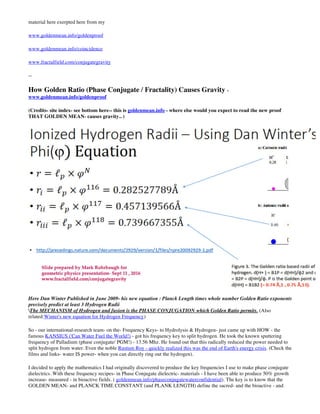material here exerpted here from my
www.goldenmean.info/goldenproof
www.goldenmean.info/coincidence
www.fractalfield.com/conjugategravity
--
How Golden Ratio (Phase Conjugate / Fractality) Causes Gravity -
www.goldenmean.info/goldenproof
(Credits- site index- see bottom here-- this is goldenmean.info - where else would you expect to read the new proof
THAT GOLDEN MEAN- causes gravity.. )
Here Dan Winter Published in June 2009- his new equation : Planck Length times whole number Golden Ratio exponents
precisely predict at least 3 Hydrogen Radii
The MECHANISM of Hydrogen and fusion is the PHASE CONJUGATION which Golden Ratio permits. (Also
related:Winter's new equation for Hydrogen Frequency)
So - our international-research team- on the- Frequency Keys- to Hydrolysis & Hydrogen- just came up with HOW - the
famous KANSIUS ('Can Water Fuel the World!) - got his frequency key to split hydrogen. He took the known sputtering
frequency of Palladium (phase conjugate/ PGM!) - 13.56 Mhz. He found out that this radically reduced the power needed to
split hydrogen from water. Even the noble Rustum Roy - quickly realized this was the end of Earth's energy crisis. (Check the
films and links- water IS power- when you can directly ring out the hydrogen).
I decided to apply the mathematics I had originally discovered to produce the key frequencies I use to make phase conjugate
dielectrics. With these frequency recipes- in Phase Conjugate dielectric- materials - I have been able to produce 50% growth
increase- measured - in bioactive fields. ( goldenmean.info/phaseconjugatewaterconfidential). The key is to know that the
GOLDEN MEAN- and PLANCK TIME CONSTANT (and PLANK LENGTH) define the sacred- and the bioactive - and
 