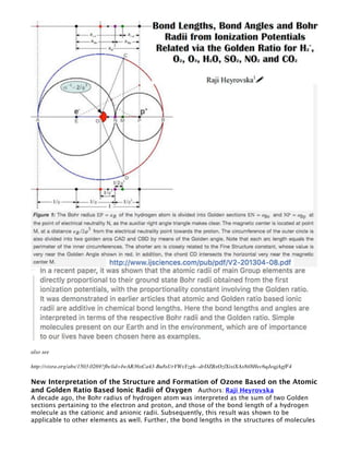 also see
http://vixra.org/abs/1503.0269?fbclid=IwAR36xCa43-Bu8sUrYWxYzgh--drDZBxOzlXixiXAx8tl8Hec6qJeqjAgfF4
New Interpretation of the Structure and Formation of Ozone Based on the Atomic
and Golden Ratio Based Ionic Radii of Oxygen Authors: Raji Heyrovska
A decade ago, the Bohr radius of hydrogen atom was interpreted as the sum of two Golden
sections pertaining to the electron and proton, and those of the bond length of a hydrogen
molecule as the cationic and anionic radii. Subsequently, this result was shown to be
applicable to other elements as well. Further, the bond lengths in the structures of molecules
 