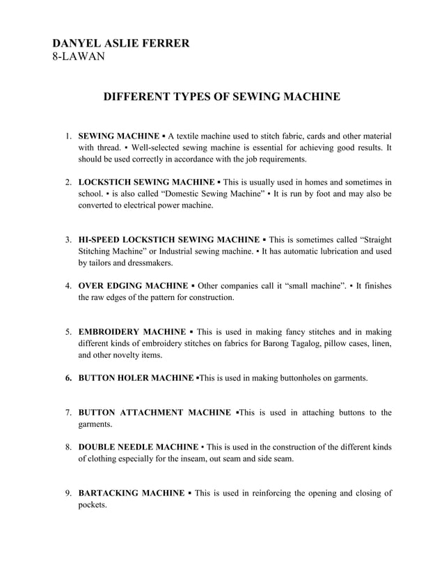 DIFFERENT TYPES OF SEWING MACHINE PDF