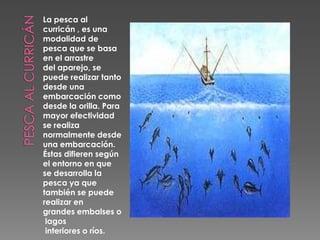 Pesca al curricánLa pesca al curricán , es una modalidad de pesca que se basa en el arrastre del aparejo, se puede realizar tanto desde una embarcación como desde la orilla. Para mayor efectividad se realiza normalmente desde una embarcación. Éstas difieren según el entorno en que se desarrolla la pesca ya que también se puede realizar en grandes embalses o lagos interiores o ríos.