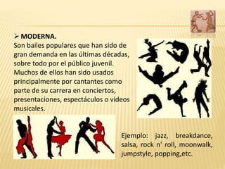 MODERNA.
Son bailes populares que han sido de
gran demanda en las últimas décadas,
sobre todo por el público juvenil.
Muchos de ellos han sido usados
principalmente por cantantes como
parte de su carrera en conciertos,
presentaciones, espectáculos o videos
musicales.
Ejemplo: jazz, breakdance,
salsa, rock n' roll, moonwalk,
jumpstyle, popping,etc.
 