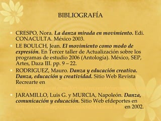 BIBLIOGRAFÍA CRESPO, Nora .  La danza mirada en movimiento.  Edi. CONACULTA. México 2003. LE BOULCH, Jean.  El movimiento como modo de expresión.  En Tercer taller de Actualización sobre los programas de estudio 2006 (Antología). México, SEP, Artes, Daza III. pp. 9 – 22. RODRIGUEZ, Mauro.  Danza y educación creativa. Danza, educación y creatividad.  Sitio Web Revista Recrearte en  http://www.iacat.com/Revista/recrearte/recrearte01/mauro.htm JARAMILLO, Luis G. y MURCIA, Napoleón.  Danza, comunicación y educación.  Sitio Web efdeportes en  http://www.efdeportes.com/efd54/danza.htm  en 2002. 