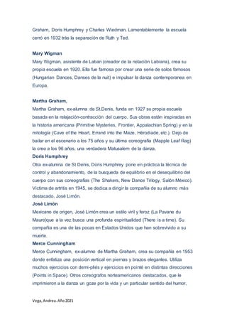 Vega, Andrea.Año2021
Graham, Doris Humphrey y Charles Wiedman. Lamentablemente la escuela
cerró en 1932 trás la separación de Ruth y Ted.
Mary Wigman
Mary Wigman, asistente de Laban (creador de la notación Labiana), crea su
propia escuela en 1920. Ella fue famosa por crear una serie de solos famosos
(Hungarian Dances, Danses de la nuit) e impulsar la danza contemporanea en
Europa.
Martha Graham,
Martha Graham, ex-alumna de St.Denis, funda en 1927 su propia escuela
basada en la relajación-contracción del cuerpo. Sus obras están inspiradas en
la historia americana (Primitive Mysteries, Frontier, Appalachian Spring) y en la
mitología (Cave of the Heart, Errand into the Maze, Hérodiade, etc.). Dejo de
bailar en el escenario a los 75 años y su última coreografía (Mapple Leaf Rag)
la creo a los 96 años, una verdadera Matusalem de la danza.
Doris Humphrey
Otra ex-alumna de St Denis, Doris Humphrey pone en práctica la técnica de
control y abandonamiento, de la busqueda de equilibrio en el desequilibrio del
cuerpo con sus coreografías (The Shakers, New Dance Trilogy, Salón México).
Victima de artritis en 1945, se dedica a dirigir la compañia de su alumno más
destacado, José Limón.
José Limón
Mexicano de origen, José Limón crea un estilo viril y feroz (La Pavane du
Maure)que a la vez busca una profunda espiritualidad (There is a time). Su
compañia es una de las pocas en Estados Unidos que han sobrevivido a su
muerte.
Merce Cunningham
Merce Cunningham, ex-alumno de Martha Graham, crea su compañía en 1953
donde enfatiza una posición vertical en piernas y brazos elegantes. Utiliza
muchos ejercicios con demi-pliés y ejercicios en pointé en distintas direcciones
(Points in Space). Otros coreografos norteamericanos destacados, que le
imprimieron a la danza un goze por la vida y un particular sentido del humor,
 