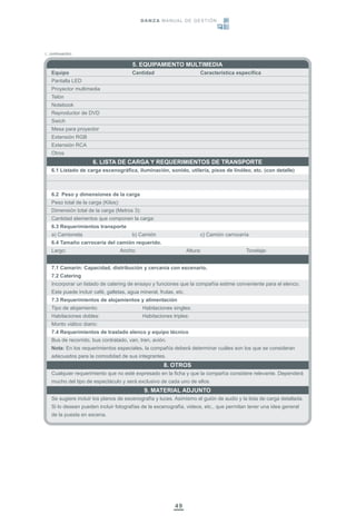 49
5. EQUIPAMIENTO MULTIMEDIA
Equipo Cantidad Característica específica
Pantalla LED
Proyector multimedia
Telón
Notebook
Reproductor de DVD
Swich
Mesa para proyector
Extensión RGB
Extensión RCA
Otros
6. LISTA DE CARGA Y REQUERIMIENTOS DE TRANSPORTE
6.1 Listado de carga escenográfica, iluminación, sonido, utilería, pisos de linóleo, etc. (con detalle)
6.2 Peso y dimensiones de la carga
Peso total de la carga (Kilos):
Dimensión total de la carga (Metros 3):
Cantidad elementos que componen la carga:
6.3 Requerimientos transporte
a) Camioneta b) Camión c) Camión carrocería
6.4 Tamaño carrocería del camión requerido.
Largo: Ancho: Altura: Tonelaje:
7.1 Camarín: Capacidad, distribución y cercanía con escenario.
7.2 Catering
Incorporar un listado de catering de ensayo y funciones que la compañía estime conveniente para el elenco.
Este puede incluir café, galletas, agua mineral, frutas, etc.
7.3 Requerimientos de alojamientos y alimentación
Tipo de alojamiento: Habitaciones singles:
Habitaciones dobles: Habitaciones triples:
Monto viático diario:
7.4 Requerimientos de traslado elenco y equipo técnico
Bus de recorrido, bus contratado, van, tren, avión.
Nota: En los requerimientos especiales, la compañía deberá determinar cuáles son los que se consideran
adecuados para la comodidad de sus integrantes.
8. OTROS
Cualquier requerimiento que no esté expresado en la ficha y que la compañía considere relevante. Dependerá
mucho del tipo de espectáculo y será exclusivo de cada uno de ellos.
9. MATERIAL ADJUNTO
Se sugiere incluir los planos de escenografía y luces. Asimismo el guión de audio y la lista de carga detallada.
Si lo desean pueden incluir fotografías de la escenografía, videos, etc., que permitan tener una idea general
de la puesta en escena.
(...continuación)
DANZA MANUAL DE GESTIÓN
 