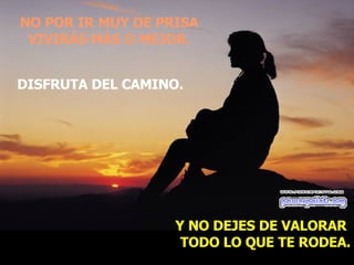 NO POR IR MUY DE PRISA VIVIRÁS MÁS O MEJOR. DISFRUTA DEL CAMINO. Y NO DEJES DE VALORAR  TODO LO QUE TE RODEA. 