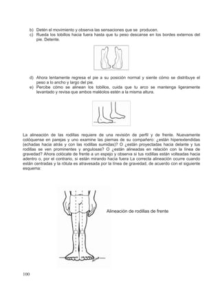 b) Detén el movimiento y observa las sensaciones que se producen.
c) Rueda los tobillos hacia fuera hasta que tu peso descanse en los bordes externos del
pie. Detente.
d) Ahora lentamente regresa el pie a su posición normal y siente cómo se distribuye el
peso a lo ancho y largo del pie.
e) Percibe cómo se alinean los tobillos, cuida que tu arco se mantenga ligeramente
levantado y revisa que ambos maléolos estén a la misma altura.
La alineación de las rodillas requiere de una revisión de perfil y de frente. Nuevamente
colóquense en parejas y uno examine las piernas de su compañero: ¿están hiperextendidas
(echadas hacia atrás y con las rodillas sumidas)? O ¿están proyectadas hacia delante y tus
rodillas se ven prominentes y angulosas? O ¿están alineadas en relación con la línea de
gravedad? Ahora colócate de frente a un espejo y observa si tus rodillas están volteadas hacia
adentro o, por el contrario, si están mirando hacia fuera La correcta alineación ocurre cuando
están centradas y la rótula es atravesada por la línea de gravedad, de acuerdo con el siguiente
esquema:
Alineación de rodillas de frente
100
 