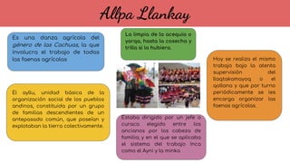 Allpa Llankay
Es una danza agrícola del
género de las Cachuas, la que
involucra el trabajo de todas
las faenas agrícolas
La limpia de la acequia o
yarqa, hasta la cosecha y
trilla si la hubiera.
El ayllu, unidad básica de la
organización social de los pueblos
andinos, constituida por un grupo
de familias descendientes de un
antepasado común, que poseían y
explotaban la tierra colectivamente.
Estaba dirigido por un jefe o
curaca elegido entre los
ancianos por los cabeza de
familia; y en el que se aplicaba
el sistema del trabajo Inca
como el Ayni y la minka
Hoy se realiza el mismo
trabajo bajo la atenta
supervisión del
llaqtakamayoq o el
qollana y que por turno
periódicamente se les
encarga organizar las
faenas agrícolas.
 