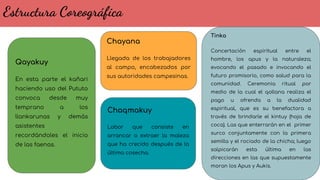 Estructura Coreográfica
Qayakuy
En esta parte el kañari
haciendo uso del Pututo
convoca desde muy
temprano a los
llankarunas y demás
asistentes
recordándoles el inicio
de las faenas.
Chayana
Llegada de los trabajadores
al campo, encabezados por
sus autoridades campesinas.
Tinka
Concertación espiritual entre el
hombre, los apus y la naturaleza;
evocando el pasado e invocando el
futuro promisorio, como salud para la
comunidad. Ceremonia ritual por
medio de la cual el qollana realiza el
pago u ofrenda a la dualidad
espiritual, que es su benefactora a
través de brindarle el kintuy (hoja de
coca). Las que enterrarán en el primer
surco conjuntamente con la primera
semilla y el rociado de la chicha; luego
salpicarán esta última en las
direcciones en las que supuestamente
moran los Apus y Aukis.
Chaqmakuy
Labor que consiste en
arrancar o extraer la maleza
que ha crecido después de la
última cosecha.
 