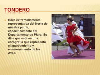 TONDERO
   Baile extremadamente
    representativa del Norte de
    nuestra patria,
    específicamente del
    Departamento de Piura. Se
    dice que esta es una
    corografía que representa
    el apareamiento y
    enamoramiento de las
    Aves.
 