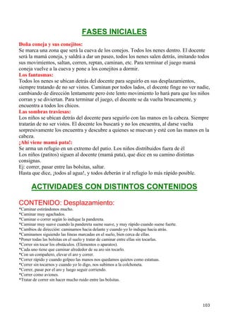 FASES INICIALES
Doña coneja y sus conejitos:
Se marca una zona que será la cueva de los conejos. Todos los nenes dentro. El docente
será la mamá coneja, y saldrá a dar un paseo, todos los nenes salen detrás, imitando todos
sus movimientos, saltan, corren, reptan, caminan, etc. Para terminar el juego mamá
coneja vuelve a la cueva y pone a los conejitos a dormir.
Los fantasmas:
Todos los nenes se ubican detrás del docente para seguirlo en sus desplazamientos,
siempre tratando de no ser vistos. Caminan por todos lados, el docente finge no ver nadie,
cambiando de dirección lentamente pero éste lento movimiento lo hará para que los niños
corran y se diviertan. Para terminar el juego, el docente se da vuelta bruscamente, y
encuentra a todos los chicos.
Las sombras traviesas:
Los niños se ubican detrás del docente para seguirlo con las manos en la cabeza. Siempre
tratarán de no ser vistos. El docente los buscará y no los encuentra, al darse vuelta
sorpresivamente los encuentra y descubre a quienes se muevan y esté con las manos en la
cabeza.
¡Ahí viene mamá pata!:
Se arma un refugio en un extremo del patio. Los niños distribuidos fuera de él
Los niños (patitos) siguen al docente (mamá pata), que dice en su camino distintas
consignas.
Ej: correr, pasar entre las bolsitas, saltar.
Hasta que dice, ¡todos al agua!, y todos deberán ir al refugio lo más rápido posible.

      ACTIVIDADES CON DISTINTOS CONTENIDOS

CONTENIDO: Desplazamiento:
*Caminar estirándonos mucho.
*Caminar muy agachados.
*Caminar o correr según lo indique la pandereta.
*Caminar muy suave cuando la pandereta suene suave, y muy rápido cuando suene fuerte.
*Cambios de dirección: caminamos hacia delante y cuando yo lo indique hacia atrás.
*Caminamos siguiendo las líneas marcadas en el suelo, bien cerca de ellas.
*Poner todas las bolsitas en el suelo y tratar de caminar entre ellas sin tocarlas.
*Correr sin tocar los obstáculos. (Elementos o aparatos).
*Cada uno tiene que caminar alrededor de su aro sin tocarlo.
*Con un compañero, elevar el aro y correr.
*Correr rápido y cuando golpeo las manos nos quedamos quietos como estatuas.
*Correr sin tocarnos y cuando yo lo digo, nos subimos a la colchoneta.
*Correr, pasar por el aro y luego seguir corriendo.
*Correr como aviones.
*Tratar de correr sin hacer mucho ruido entre las bolsitas.




                                                                                        103
 