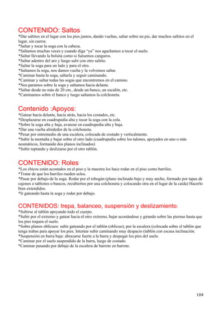 CONTENIDO: Saltos
*Dar saltitos en el lugar con los pies juntos, dando vueltas, saltar sobre un pie, dar muchos saltitos en el
lugar, sin caerse.
*Saltar y tocar la soga con la cabeza.
*Saltamos muchas veces y cuando diga “ya” nos agachamos a tocar el suelo.
*Saltar llevando la bolsita como si fuésemos canguros.
*Saltar adentro del aro y luego salir con otro saltito.
*Saltar la soga para un lado y para el otro.
*Saltamos la soga, nos damos vuelta y la volvemos saltar.
*Caminar hasta la soga, saltarla y seguir caminando.
*Caminar y saltar todas las sogas que encontremos en el camino.
*Nos paramos sobre la soga y saltamos hacia delante.
*Saltar desde no más de 20 cm., desde un banco, un escalón, etc.
*Caminamos sobre el banco y luego saltamos la colchoneta.


Contenido :Apoyos:
*Gatear hacia delante, hacia atrás, hacia los costados, etc.
*Desplazarse en cuadrupedia alta y tocar la soga con la cola.
*Sobre la soga alta y baja, avanzar en cuadrupedia alta y baja.
*Dar una vuelta alrededor de la colchoneta.
*Pesar por entremedio de una escalera, colocada de costado y verticalmente.
*Subir la montaña y bajar sobre el otro lado (cuadrupedia sobre los talones, apoyados en uno o más
neumáticos, formando dos planos inclinados)
*Subir reptando y deslizarse por el otro tablón.


CONTENIDO: Roles
*Los chicos están acostados en el piso y la maestra los hace rodar en el piso como barriles.
*Tratar de que los barriles rueden solos.
*Pasar por debajo de la soga. Rodar por el tobogán (plano inclinado bajo y muy ancho, formado por tapas de
cajones o tablones o bancos, recubiertos por una colchoneta y colocando otra en el lugar de la caída) Hacerlo
bien extendidos.
*Ir gateando hasta la soga y rodar por debajo.


CONTENIDOS: trepa, balanceo, suspensión y deslizamiento:
*Subirse al tablón apoyando todo el cuerpo.
*Subir por el extremo y gatear hacia el otro extremo, bajar acostándose y girando sobre las piernas hasta que
los pies toquen el suelo.
*Sobre planos oblicuos: subir gateando por el tablón (oblicuo), por la escalera (colocada sobre el tablón que
tenga trabas para apoyar los pies. Intentar subir caminando muy despacio (tablón con escasa inclinación.
*Suspensión en barra baja: abrazarse fuerte a la barra y despegar los pies del suelo.
*Caminar por el suelo suspendido de la barra, luego de costado.
*Caminar pasando por debajo de la escalera de barrote en barrote.




                                                                                                               104
 