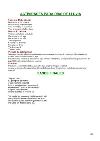 ACTIVIDADES PARA DÍAS DE LLUVIA
Canción: Doña araña:
Doña araña se fue a pasear
Hizo un hilo y se puso a trepar
Vino el tiempo y la hizo bailar
Vino la tormenta y la hizo bajar
Danza: El tallarín:
Yo tengo un tallarín, un tallarín
Que se mueve por aquí
Que se mueve por allá
Todo pegoteado
Con un poco de aceite,
Con un poco de sal
Y te lo comes tú
Y sales a bailar.
Plegado de colores lisos
Sobre una cartulina u hoja de papel canson, comenzar pegando trozos de colores por libre elección de
formas, hasta cubrir totalmente la hoja.
Una alternativa consiste en delinear con lápiz un tema sobre la hoja y luego elaborarlo pegando trozos de
papel de los colores que el dibujo requiere.
Pintura:
Utilizando solamente los dedos, cada niño elige un color (tempera) y con él
esparce la pintura sobre su cartulina, dibujando lo que desee. Se debe tener cuidado para no derramar
material.
                                     FASES FINALES
“El gallo pinto”
El gallo pinto se durmió
y esta mañana no cantó
todo el mundo espero su cucurucú
el sol no salió, porque aún no lo oyó.
Ay gallo pinto remolón
sino te levantas, te levanto yo.

“La casita” Yo tengo una casita que así y así,
que por la chimenea sale el humo así y así
que cuando quiero entrar yo golpeo así y así,
me lustro los zapatos así y así.




                                                                                                            114
 