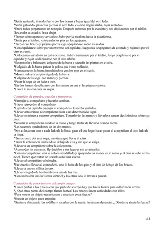*Subir reptando, tirando fuerte con los brazos y bajar igual del otro lado.
*Subir gateando, pasar las piernas al otro lado, cuando llegan arriba, bajar sentados.
*Entre todos preparamos un tobogán. Después subimos por la escalera y nos deslizamos por el tablón.
Descender acostados boca abajo.
*Trepar sobre aparatos verticales: Subir por la escalera hasta la plataforma.
*Subir por el tablón, colocando los pies en los agujeros.
*Trepar con brazos y piernas por la soga apoyándose sobre los nudos.
*Con espaldares: subir por un extremo del espaldar, luego nos despegamos de costado y bajamos por el
otro extremo.
*Colocamos un tablón en cada extremo. Subir caminando por el tablón, luego desplazarse por el
espaldar y bajar deslizándose por el otro tablón.
*Suspensión y balanceo: colgarse de la barra y sacudir las piernas en el aire.
*Colgados de la barra patear la pelota que viene rodando.
*Hamacarse en la barra impulsándose con los pies en el suelo.
*Mover todo el cuerpo colgado de la barra.
*Colgarse de la soga con manos y piernas.
*Pasar la soga de un lado a otro.
*En dos barras: desplazarse con las manos en una y las piernas en otra.
*Hacer lo mismo con las sogas.

Contenidos de empuje, tracción y transporte:
*Empujar al compañero y hacerlo caminar.
*Hacer retroceder al compañero.
*Espalda con espalda empujar al compañero. Hacerlo sentados.
*Llevar arrastrando al compañero hasta a un determinado lugar.
*Llevar en trineo a nuestro compañero. Tomarlo de las manos y llevarlo a pasear deslizándose sobre sus
pies.
*Saludar al compañero dándole la mano y luego tratar de llevarlo tirando fuerte.
*Lo hacemos tomándonos de las dos manos.
*Nos colocamos uno a cada lado de la línea, gana el que logre hacer pasar al compañero al otro lado de
la línea.
*Tomar entre dos una soga, uno tiene que llevar al otro.
*Traer la colchoneta metiéndose debajo de ella y sin que se caiga.
*Llevar a un compañero sobre la colchoneta.
*Acomodar los aparatos, llevándolos a sus lugares sin arrastrarlos.
*Con un compañero: uno se coloca arrodillado y apoyando las manos en el suelo y el otro se sube arriba
de él. Tienen que tratar de llevarlo a dar una vuelta.
*Llevar al compañero a babucha.
*En tercetos: llevar al compañero, uno lo toma de los pies y el otro de debajo de los brazos.
*Llevar a uno en sillita de oro.
*Llevar colgado de los hombros a uno de los tres.
*Con un bastón uno se sienta sobre él y los otros dos lo llevan a pasear.

Contenidos de conocimiento del propio cuerpo:
*Hacer probar a los chicos con que parte del cuerpo hay que hacer fuerza para saltar hacia arriba.
*¿ Qué otras partes del cuerpo tienen fuerza? Los brazos: hacer actividades con ellos.
*Para mover un objeto necesitamos ¿ mucha o poca fuerza?
*Buscar un objeto para empujar.
*Sentarse abrazando las rodillas y tocarlas con la nariz. Acostarse despacio: ¿ Dónde se siente la fuerza?




                                                                                                      118
 
