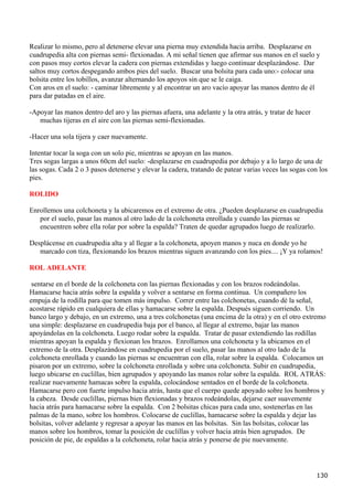 Realizar lo mismo, pero al detenerse elevar una pierna muy extendida hacia arriba. Desplazarse en
cuadrupedia alta con piernas semi- flexionadas. A mi señal tienen que afirmar sus manos en el suelo y
con pasos muy cortos elevar la cadera con piernas extendidas y luego continuar desplazándose. Dar
saltos muy cortos despegando ambos pies del suelo. Buscar una bolsita para cada uno:- colocar una
bolsita entre los tobillos, avanzar alternando los apoyos sin que se le caiga.
Con aros en el suelo: - caminar libremente y al encontrar un aro vacío apoyar las manos dentro de él
para dar patadas en el aire.

-Apoyar las manos dentro del aro y las piernas afuera, una adelante y la otra atrás, y tratar de hacer
   muchas tijeras en el aire con las piernas semi-flexionadas.

-Hacer una sola tijera y caer nuevamente.

Intentar tocar la soga con un solo pie, mientras se apoyan en las manos.
Tres sogas largas a unos 60cm del suelo: -desplazarse en cuadrupedia por debajo y a lo largo de una de
las sogas. Cada 2 o 3 pasos detenerse y elevar la cadera, tratando de patear varias veces las sogas con los
pies.

ROLIDO

Enrollemos una colchoneta y la ubicaremos en el extremo de otra. ¿Pueden desplazarse en cuadrupedia
   por el suelo, pasar las manos al otro lado de la colchoneta enrollada y cuando las piernas se
   encuentren sobre ella rolar por sobre la espalda? Traten de quedar agrupados luego de realizarlo.

Desplácense en cuadrupedia alta y al llegar a la colchoneta, apoyen manos y nuca en donde yo he
   marcado con tiza, flexionando los brazos mientras siguen avanzando con los pies.... ¡Y ya rolamos!

ROL ADELANTE

 sentarse en el borde de la colchoneta con las piernas flexionadas y con los brazos rodeándolas.
Hamacarse hacia atrás sobre la espalda y volver a sentarse en forma continua. Un compañero los
empuja de la rodilla para que tomen más impulso. Correr entre las colchonetas, cuando dé la señal,
acostarse rápido en cualquiera de ellas y hamacarse sobre la espalda. Después siguen corriendo. Un
banco largo y debajo, en un extremo, una a tres colchonetas (una encima de la otra) y en el otro extremo
una simple: desplazarse en cuadrupedia baja por el banco, al llegar al extremo, bajar las manos
apoyándolas en la colchoneta. Luego rodar sobre la espalda. Tratar de pasar extendiendo las rodillas
mientras apoyan la espalda y flexionan los brazos. Enrollamos una colchoneta y la ubicamos en el
extremo de la otra. Desplazándose en cuadrupedia por el suelo, pasar las manos al otro lado de la
colchoneta enrollada y cuando las piernas se encuentran con ella, rolar sobre la espalda. Colocamos un
pisaron por un extremo, sobre la colchoneta enrollada y sobre una colchoneta. Subir en cuadrupedia,
luego ubicarse en cuclillas, bien agrupados y apoyando las manos rolar sobre la espalda. ROL ATRÁS:
realizar nuevamente hamacas sobre la espalda, colocándose sentados en el borde de la colchoneta.
Hamacarse pero con fuerte impulso hacia atrás, hasta que el cuerpo quede apoyado sobre los hombros y
la cabeza. Desde cuclillas, piernas bien flexionadas y brazos rodeándolas, dejarse caer suavemente
hacia atrás para hamacarse sobre la espalda. Con 2 bolsitas chicas para cada uno, sostenerlas en las
palmas de la mano, sobre los hombros. Colocarse de cuclillas, hamacarse sobre la espalda y dejar las
bolsitas, volver adelante y regresar a apoyar las manos en las bolsitas. Sin las bolsitas, colocar las
manos sobre los hombros, tomar la posición de cuclillas y volver hacia atrás bien agrupados. De
posición de pie, de espaldas a la colchoneta, rolar hacia atrás y ponerse de pie nuevamente.




                                                                                                         130
 