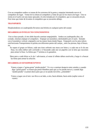 Con un compañero ambos se toman de los extremos de la goma y empujan intentando mover al
compañero de lugar. Tomar de la cintura al compañero y tratar de que no los mueva de lugar. Uno se
sienta en el suelo con una mano apoyada y la otra tomada por el compañero, que se encuentra de pie.
Este tiene que tratar de levantar al compañero que se encuentra debajo.

TRANSPORTE

Desplazándonos en cuadrupedia llevamos una bolsita en cualquier parte del cuerpo

DESARROLLO INTELECTO CONGNOSITIVO

 Uno se hace pesado, el otro debe hacerlo caminar empujándolo. Ambos en cuadrupedia alta y de
costado, intentan empujar al compañero. Empujar un neumático, deslizándolo por el suelo. Sentado
con el neumático vertical, empujarlo con las manos hasta donde llegue. Empujarlo con los pies (ahora
está horizonta Transportamos la pelota con diferentes partes del cuerpo_ entre las piernas, bajo el brazo,
etc
   Se separa al grupo en hileras, cada una tiene enfrente una mesa con letras y a cada una se le da una
    frase, los niños deben salir corriendo e ir buscando cada uno un papelito con la letra que necesiten
    para armar la frase. La hilera que 1º termina es la ganadora.

  Ídem pero a cada hilera se le da 1 adivinanza, al sonar el silbato deben resolverla y luego ir a buscar
   las letras para armar la solución.

DESARROLLO SENSOPERCEPTIVO

    Vamos a jugar a “goma-goma” piedra-piedra”. Yo voy a caminar despacio entre ustedes y cuando
     diga “goma-goma” se tienen que poner blanditos para que yo los pueda mover y cuando diga
     “piedra-piedra” se ponen duros para que yo no pueda moverlos. ¿entendido?

    Vamos a jugar con el aire: nos lleva a un lado, a otro, hacia delante, hacia atrás (soplar como el
     viento)




                                                                                                         133
 