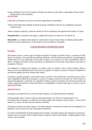 Luego cambian de roles. Se les tomará el tiempo que tardan en salir todos a cada equipo. El que menor
   tiempo realice será el ganador.
REACCIÓN

Cada niño se colocará una cola de zorro atrás enganchada en el pantalón.

Todos corren libremente tratando de quitar la mayor cantidad de colas de sus compañeros sin que le
   quiten la suya.

Ahora se juntan en parejas y tratan de sacarle la cola al compañero (sin agarrarse del cuerpo o la ropa)

Organización: Los alumnos, por grupos, cogidos de la mano, no menos de 5 ni más de 10.

Desarrollo: Los alumnos tratan de pisar a todos menos al que tienen al lado. El alumno pisado saldrá
fuera del círculo y hará de juez. El que menos veces sea pisado es el ganador.

                               CAPACIDADES CONDICIONALES

FUERZA

Dos bancos suecos y cuatro cajas, dos llenas de pelotas. El grupo se divide en dos y se colocan en filas
frente a los bancos, Las cajas Irán una adelante del banco y la otra detrás (con pelotas). Los participantes
deberán salir de a uno apoyando los pies sobre el banco y las manos en el suelo, deslizándose sobre el
banco. Al llegar al extremo, toman una pelota y la depositan en la otra caja. El que llene la caja antes es
el ganador. (Fuerza)

Los jugadores se disponen por parejas y se sitúan como si se fuesen a dar la mano (saludo), frente a
frente, con un pie adelantado junto al pie del otro jugador. El objetivo consiste en tratar de desplazar el
pie del otro jugador que tiene situado entre ambos.

En parejas o grupos pequeños, uno de ellos imita a un burro u otro animal que se decida; al que el otro u
otros compañeros deben llevar de paseo, a recorrer el espacio, recorrer un circuito, etc. Pero el burro se
niega testarudamente a realizarlo, los compañeros deben convencer mediante movimientos de partes del
cuerpo, (agarrar las piernas y brazos del burro en cuadrupedia), e intentar hacer que se mueva y vaya al
lugar determinado.

RESISTENCIA

En parejas, uno detrás de otro, correr por todo el espacio, a la señal del profesor cambian.

En fila, parados sobre 1 línea; se marcan otras líneas frente a los chicos. Se numeran del 1 al 3.
El profesor dice un número, los niños de ese número deben salir trotando a tocar la línea 1, volver correr
hasta la 2 y volver a la línea inicial a máxima velocidad.

En parejas, trotamos por todo el patio y a la señal saltamos y chocamos las manos de mi compañero. Lo
hacemos varias veces con el trote intercalado (resistencia)

Los niños se distribuirán de forma dispersa por el campo. Una pareja agarra una soga por sus extremos e
intenta cazar a los demás. Sólo se podrá sortear la soga por encima o por debajo, si algún jugador resulta
tocado, será el cazador.


                                                                                                       136
 