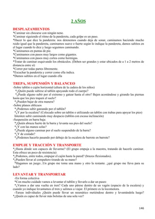 2 AÑOS
DESPLAZAMIENTOS
*Caminar sin chocarse con ningún nene.
*Caminar siguiendo el ritmo de la pandereta, cada golpe es un paso.
*Hacer lo que dice la pandereta: nos detenemos cuando deja de sonar, caminamos haciendo mucho
ruido igual que la pandereta, caminamos suave o fuerte según lo indique la pandereta, damos saltitos en
el lugar cuando lo dice y luego seguimos caminando.
*Caminamos en puntas de pie.
*Caminamos con pasos muy largos como gigantes.
*Caminamos con pasos muy cortos como hormigas.
*Tratar de caminar esquivando los obstáculos. (Deben ser grandes y estar ubicados de a 1 a 2 metros de
distancia entre sí)
*Correr por todas partes libremente.
*Escuchar la pandereta y correr como ella indica.
*Damos saltitos en el lugar cuando ella

TREPA, SUSPENSIÓN Y BALANCEO
-Sobre tablón o cajón horizontal (altura de la cadera de los niños)
  *¿Quién puede subirse al tablón apoyando todo el cuerpo?
  *¿Puede alguno subir por el extremo y gatear hasta el otro? Bajen acostándose y girando las piernas
hasta que los pies toquen el suelo?
 *¿Pueden bajar de otra manera?
-Sobre planos oblicuos
 *¿Podemos subir gateando por el tablón?
 *¿Y por la escalera? (Colocado sobre un tablón o utilizando un tablón con trabas para apoyar los pies)
 Intenten subir caminando muy despacio (tablón con escasa inclinación)
-Suspensión en barra baja:
 *¿Quién abraza fuerte de la barra y levanta sus pies del suelo?
 *¿Y con las manos solas?
 *¿Puede alguno caminar por el suelo suspendido de la barra?
 *¿Y de costado?
 *¿Podemos hacerlo pasando por debajo de la escalera de barrote en barrote?

EMPUJE Y TRACCIÓN Y TRANSPORTE
*¿Hasta dónde son capaces de llevarme? (El grupo empuja a la maestra, tratando de hacerle caminar.
Esta ofrece un poco de resistencia)
*¿Podemos, entre todos, empujar el cajón hasta la pared? (brazos flexionados).
*¿Pueden llevar al compañero tirando de su mano?
  *Hagamos un juego...Un grupo me toma una mano y otro la restante. ¿qué grupo me lleva para su
lado?

LEVANTAR Y TRANSPORTAR
 -En forma colectiva
 *Con mucho cuidado vamos a levantar el tablón y llevarlo a dar un paseo
 *¿Vamos a dar una vuelta en tren? Cada uno párese dentro de un vagón (espacio de la escalera) y
cuando yo indique levantamos el tren y salimos a viajar. El primero es la locomotora.
 -Tareas individuales ¿Quién puede llevar un neumático metiéndose dentro y levantándola luego?
*¿Quién es capaz de llevar más bolsitas de una sola vez?


                                                                                                   146
 