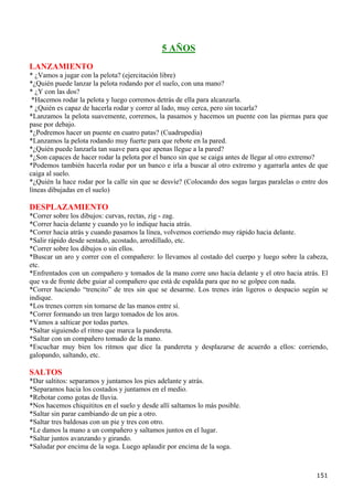 5 AÑOS
LANZAMIENTO
* ¿Vamos a jugar con la pelota? (ejercitación libre)
*¿Quién puede lanzar la pelota rodando por el suelo, con una mano?
* ¿Y con las dos?
 *Hacemos rodar la pelota y luego corremos detrás de ella para alcanzarla.
* ¿Quién es capaz de hacerla rodar y correr al lado, muy cerca, pero sin tocarla?
*Lanzamos la pelota suavemente, corremos, la pasamos y hacemos un puente con las piernas para que
pase por debajo.
*¿Podremos hacer un puente en cuatro patas? (Cuadrupedia)
*Lanzamos la pelota rodando muy fuerte para que rebote en la pared.
*¿Quién puede lanzarla tan suave para que apenas llegue a la pared?
*¿Son capaces de hacer rodar la pelota por el banco sin que se caiga antes de llegar al otro extremo?
*Podemos también hacerla rodar por un banco e irla a buscar al otro extremo y agarrarla antes de que
caiga al suelo.
*¿Quién la hace rodar por la calle sin que se desvíe? (Colocando dos sogas largas paralelas o entre dos
líneas dibujadas en el suelo)

DESPLAZAMIENTO
*Correr sobre los dibujos: curvas, rectas, zig - zag.
*Correr hacia delante y cuando yo lo indique hacia atrás.
*Correr hacia atrás y cuando pasamos la línea, volvemos corriendo muy rápido hacia delante.
*Salir rápido desde sentado, acostado, arrodillado, etc.
*Correr sobre los dibujos o sin ellos.
*Buscar un aro y correr con el compañero: lo llevamos al costado del cuerpo y luego sobre la cabeza,
etc.
*Enfrentados con un compañero y tomados de la mano corre uno hacia delante y el otro hacia atrás. El
que va de frente debe guiar al compañero que está de espalda para que no se golpee con nada.
*Correr haciendo “trencito” de tres sin que se desarme. Los trenes irán ligeros o despacio según se
indique.
*Los trenes corren sin tomarse de las manos entre sí.
*Correr formando un tren largo tomados de los aros.
*Vamos a salticar por todas partes.
*Saltar siguiendo el ritmo que marca la pandereta.
*Saltar con un compañero tomado de la mano.
*Escuchar muy bien los ritmos que dice la pandereta y desplazarse de acuerdo a ellos: corriendo,
galopando, saltando, etc.

SALTOS
*Dar saltitos: separamos y juntamos los pies adelante y atrás.
*Separamos hacia los costados y juntamos en el medio.
*Rebotar como gotas de lluvia.
*Nos hacemos chiquititos en el suelo y desde allí saltamos lo más posible.
*Saltar sin parar cambiando de un pie a otro.
*Saltar tres baldosas con un pie y tres con otro.
*Le damos la mano a un compañero y saltamos juntos en el lugar.
*Saltar juntos avanzando y girando.
*Saludar por encima de la soga. Luego aplaudir por encima de la soga.



                                                                                                   151
 