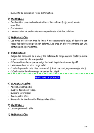 - Momento de educación física sistemática.

B) MATERIAL:
- Dos bolsitas para cada niño de diferentes colores (rojo, azul, verde,
   amarillo).
- Cuatro aros.
- Una cartulina de cada color correspondiente al de las bolsitas.

C) PREPARACIÓN:
- Los niños se colocan tras la línea A en cuadrupedia baja; el docente con
   todas las bolsitas un poco por delante. Los aros en el otro extremo con una
   cartulina de color adentro.

D) CONSIGNAS:
- Salgan los camiones de a uno y les colocaré la carga encima (bolsita sobre
   la parte superior de la espalda).
- ¿ Pueden llevarla sin que se caiga hasta el depósito de color igual?
- ¡ Vuelvan a buscar otra carga más!
- ¿ Habrá quedado todo bien ordenado? ( Azul con azul, rojo con rojo, etc.)
- ¿ Qué camión llevó su carga sin que se le caiga?

                           PERRITOS A DORMIR:

A) CLASIFICACIÓN:
- Apoyos, cuadrupedia.
- Masivo, todos con todos.
- Mediana intensidad.
- Tres-cuatro años.
- Momento de la educación física sistemática.

B) MATERIAL:
- Un aro para cada niño.

C) PREPARACIÓN:




                                                                           156
 