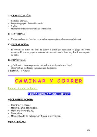 A) CLASIFICACIÓN:

-   Rodados laterales.
-   Pequeños grupos, formación en fila.
-   5 años.
-   Momento de la educación física sistemática.

B) MATERIAL:

- Varias colchonetas (pueden prescindirse con un piso en buenas condiciones)

C) PREPARACIÓN:

- Se ubican los niños en filas de cuatro o cinco que realizarán el juego en forma
  sucesiva. El primer grupo se acuesta lateralmente tras la línea A y los demás esperan
  su turno.

D) CONSIGNAS:

- ¿ Cuál será el tronco que ruede más velozmente hasta la otra línea?
- ¡ Estiren bien los brazos y cuidado con las narices!
¿ Listos?... ¡ Ahora!



        CAMINAR                              Y       CORRER
Para       tres      años:

                     “ DOÑA CONEJA Y SUS HIJITOS”.

A) CLASIFICACIÓN:

-   Caminar y correr.
-   Masivo, uno con todos.
-   Mediana intensidad.
-   Tres años.
-   Momento de la educación física sistemática.

B) MATERIAL:


                                                                                   161
 