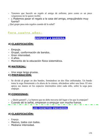 - Tenemos que hacerle un regalo al amigo de enfrente, pero como es un poco
   vergonzoso no lo quiere recibir.
- ¿ Podemos pasar el regalo a la casa del amigo, empujándolo muy
   fuerte?
¿ Qué grupo pasa más regalos cuando dé la señal?


Para      cuatro         años:

                           EMPUJAR LA BARRERA.

A) CLASIFICACIÓN:

-   Empuje.
-   Grupal, conformación de bandos.
-   Gran intensidad.
-   4 años.
-   Momento de la educación física sistemática.

B) MATERIAL:

- Una soga larga gruesa.
C) PREPARACIÓN;

- Se divide al grupo en dos bandos, formándose en dos filas enfrentadas. Un bando
  toma la soga firmemente a la altura de la cintura, ubicándose sobre una línea. El otro
  apoya sus manos en los espacios intermedios entre cada niño, sobre la soga para
  empujar.

D) CONSIGNAS:

- ¿ Quién ganará? ¿ La barrera que no debe moverse del lugar o los que la empujan?
- Cuando dé la señal, empiecen a empujar con mucha fuerza.

                         LOS CHINITOS ENOJADOS.

A) CLASIFICACIÓN:

- Empuje.
- Masivo, todos con todos.
- Mediana intensidad.


                                                                                     170
 