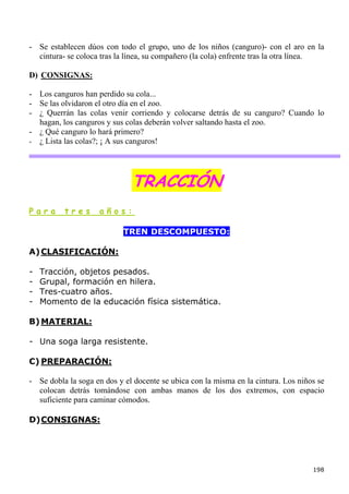 - Se establecen dúos con todo el grupo, uno de los niños (canguro)- con el aro en la
  cintura- se coloca tras la línea, su compañero (la cola) enfrente tras la otra línea.

D) CONSIGNAS:

- Los canguros han perdido su cola...
- Se las olvidaron el otro día en el zoo.
- ¿ Querrán las colas venir corriendo y colocarse detrás de su canguro? Cuando lo
  hagan, los canguros y sus colas deberán volver saltando hasta el zoo.
- ¿ Qué canguro lo hará primero?
- ¿ Lista las colas?; ¡ A sus canguros!




                              TRACCIÓN
Para      tres      años:

                            TREN DESCOMPUESTO:

A) CLASIFICACIÓN:

-   Tracción, objetos pesados.
-   Grupal, formación en hilera.
-   Tres-cuatro años.
-   Momento de la educación física sistemática.

B) MATERIAL:

- Una soga larga resistente.

C) PREPARACIÓN:

- Se dobla la soga en dos y el docente se ubica con la misma en la cintura. Los niños se
  colocan detrás tomándose con ambas manos de los dos extremos, con espacio
  suficiente para caminar cómodos.

D) CONSIGNAS:




                                                                                    198
 