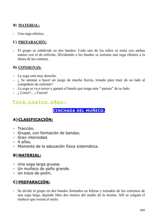 B) MATERIAL:

- Una soga elástica.

C) PREPARACIÓN:

- El grupo se subdivide en dos bandos: Cada uno de los niños se toma con ambas
  manos con el de enfrente, Dividiendo a los bandos se sostiene una soga elástica a la
  altura de las cinturas.

D) CONSIGNAS:

- La soga está muy derecha.
- ¿ Se animan a hacer un juego de mucha fuerza, tirando para traer de su lado al
  compañero de enfrente?
- La soga se va a torcer y ganará el bando que tenga más “ panzas” de su lado.
- ¿ Listos?... ¡ Fuerza!

Para      cuatro        años:

                          CINCHADA DEL MUÑECO.

A) CLASIFICACIÓN:

-   Tracción.
-   Grupal, con formación de bandos.
-   Gran intensidad.
-   4 años.
-   Momento de la educación física sistemática.

B) MATERIAL:

- Una soga larga gruesa.
- Un muñeco de paño grande.
- Un trozo de piolín.

C) PREPARACIÓN:

- Se divide al grupo en dos bandos formados en hileras y tomados de los extremos de
  una soga larga, dejando libre dos metros del medio de la misma. Allí se colgará el
  muñeco que rozará el suelo.

                                                                                  200
 