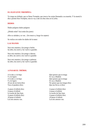 EL ELEFANTE TROMPITA

Yo tengo un elefante, que se llama Trompita, que mueve las orejas llamando a su mamita. Y la mamá le
dice: portate bien Trompita, sino te voy a dar un chas chas en la colita.

DEDOS

Dedos pulgares dedos pulgares

¿Dónde están? Acá están (los junto)

ellos se saludan y se van... (los muevo y luego los separo)

Se realiza con todos los dedos de la mano

LAS MANOS

Saco mis manitas y las pongo a bailar,
las abro, las cierro y las vuelvo a guardar.

Saco mis manitas y las pongo a danzar,
as abro, las cierro y las vuelvo a guardar.

Saco mis manitas y las pongo a palmear,
las abro, las cierro y las vuelvo a guardar.



A PASAR EL TRÉBOL

A lo alto y a lo bajo                                         Qué quieres que te traiga
Y a lo ligero                                                 Si voy a Madrid.
A lo alto y a lo bajo                                         Qué quieres que te traiga
Y a lo ligero                                                 Si voy a Madrid.
Al uso de mi tierra (bis)                                     No quiero que me traigas (bis)
Toco el pandero (bis).                                        Que me lleves sí (bis)

A pasar el trébole (bis)                                      A pasar el trébole (bis)
A pasar el trébole                                            A pasar el trébole
La noche de San Juan.                                         La noche de San Juan.
A pasar el trébole (bis)                                      A pasar el trébole (bis)
Al pasar el trébole                                           Al pasar el trébole
Los mis amores van.                                           Los mis amores van.




                                                                                                       209
 