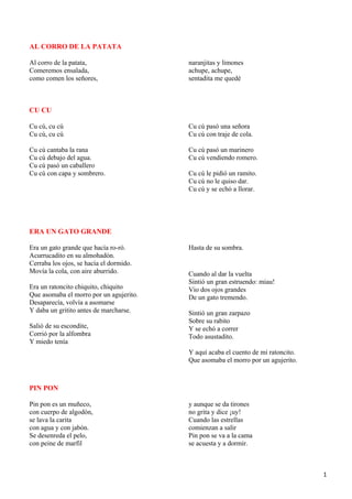 AL CORRO DE LA PATATA

Al corro de la patata,                   naranjitas y limones
Comeremos ensalada,                      achupe, achupe,
como comen los señores,                  sentadita me quedé



CU CU

Cu cú, cu cú                             Cu cú pasó una señora
Cu cú, cu cú                             Cu cú con traje de cola.

Cu cú cantaba la rana                    Cu cú pasó un marinero
Cu cú debajo del agua.                   Cu cú vendiendo romero.
Cu cú pasó un caballero
Cu cú con capa y sombrero.               Cu cú le pidió un ramito.
                                         Cu cú no le quiso dar.
                                         Cu cú y se echó a llorar.




ERA UN GATO GRANDE

Era un gato grande que hacía ro-ró.      Hasta de su sombra.
Acurrucadito en su almohadón.
Cerraba los ojos, se hacía el dormido.
Movía la cola, con aire aburrido.        Cuando al dar la vuelta
                                         Sintió un gran estruendo: miau!
Era un ratoncito chiquito, chiquito      Vio dos ojos grandes
Que asomaba el morro por un agujerito.   De un gato tremendo.
Desaparecía, volvía a asomarse
Y daba un gritito antes de marcharse.    Sintió un gran zarpazo
                                         Sobre su rabito
Salió de su escondite,                   Y se echó a correr
Corrió por la alfombra                   Todo asustadito.
Y miedo tenía
                                         Y aquí acaba el cuento de mi ratoncito.
                                         Que asomaba el morro por un agujerito.



PIN PON

Pin pon es un muñeco,                    y aunque se da tirones
con cuerpo de algodón,                   no grita y dice ¡uy!
se lava la carita                        Cuando las estrellas
con agua y con jabón.                    comienzan a salir
Se desenreda el pelo,                    Pin pon se va a la cama
con peine de marfil                      se acuesta y a dormir.



                                                                                   1
 